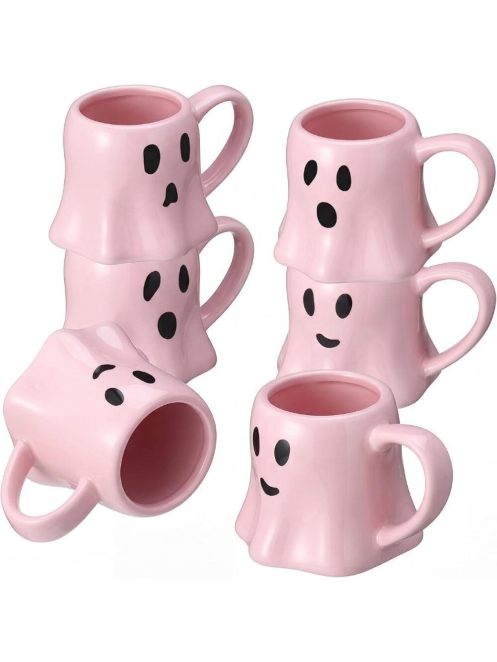 Set of 6 Halloween Ghost Coffee Mugs - 11 oz Pink Ceramic Cups for Gifting